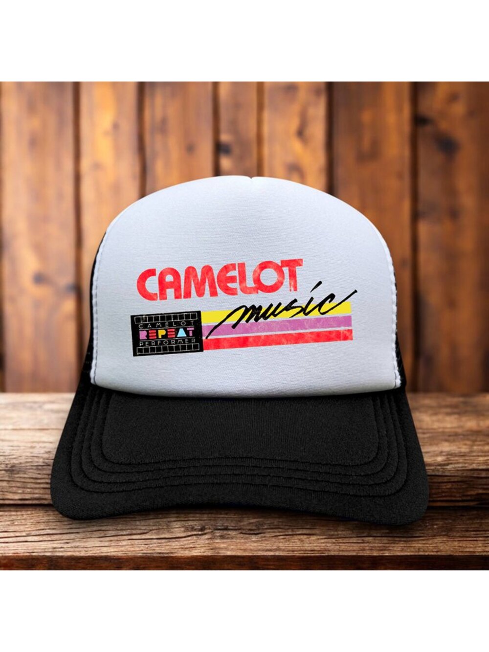 Defunct Camelot Music Mens Trucker Hat Black Snapback 1956 Logo Baseball Cap